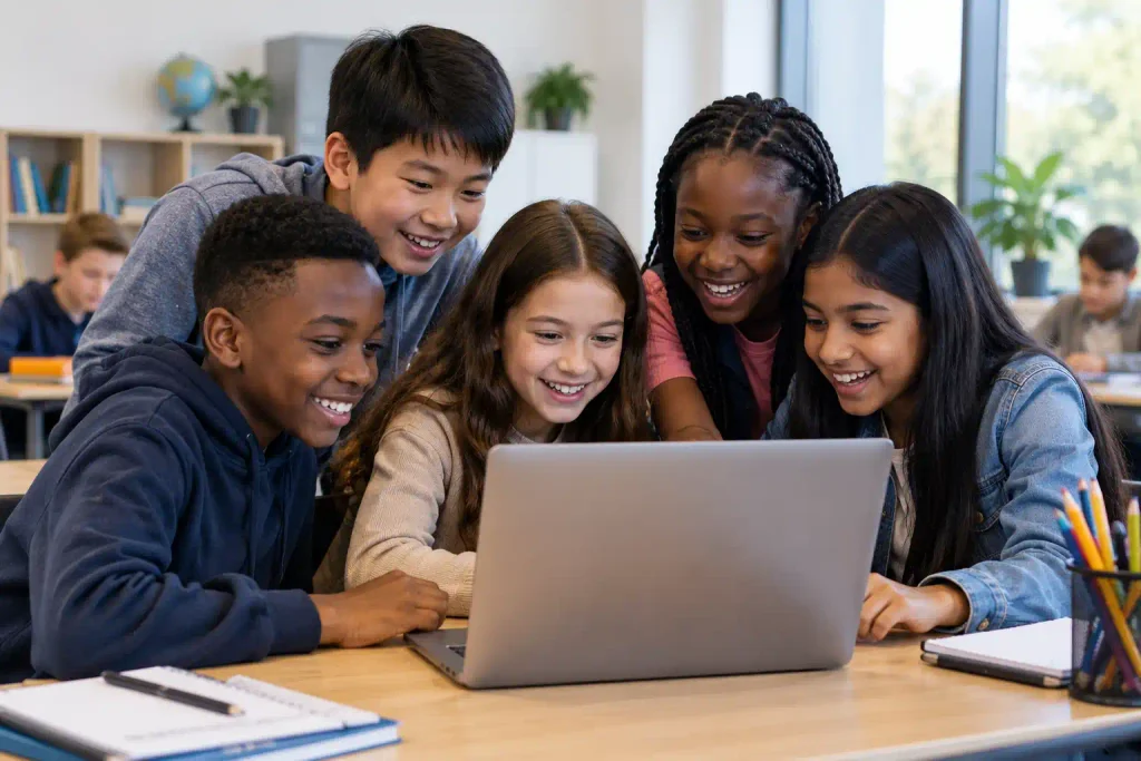 Children working together on a STEM education project highlighting coding for kids.