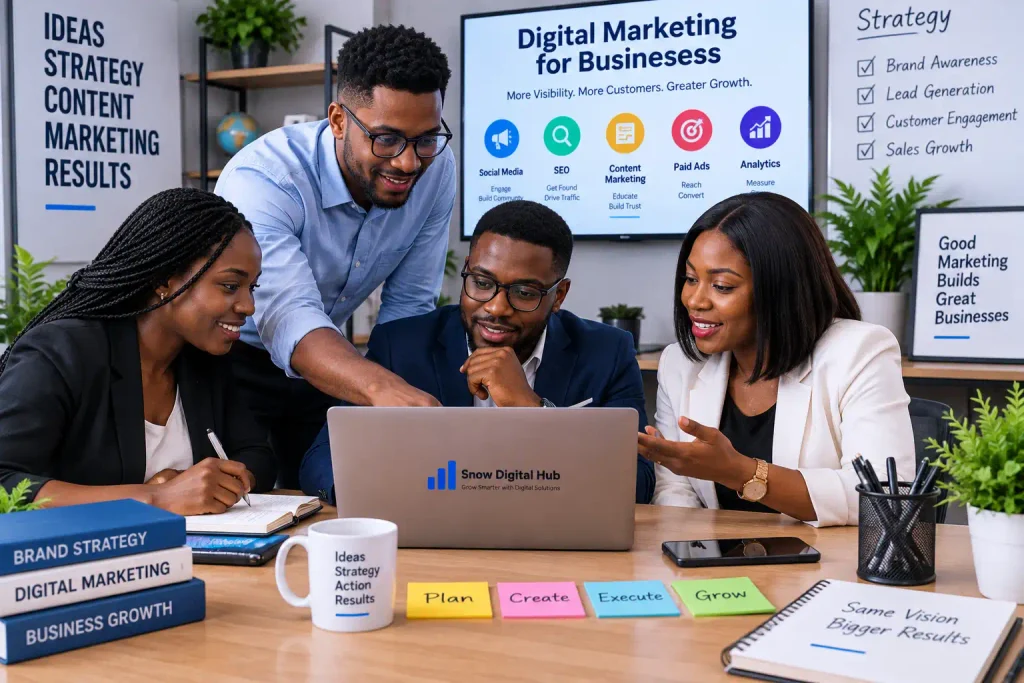 A creative business team discussing strategy for digital marketing for businesses on a modern laptop.