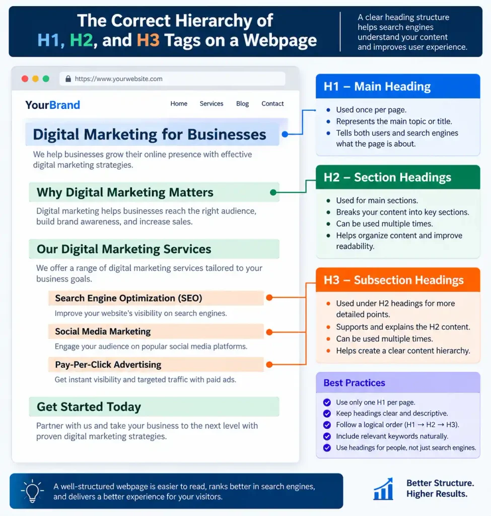 Proper heading structure hierarchy explaining SEO basics for beginners.
