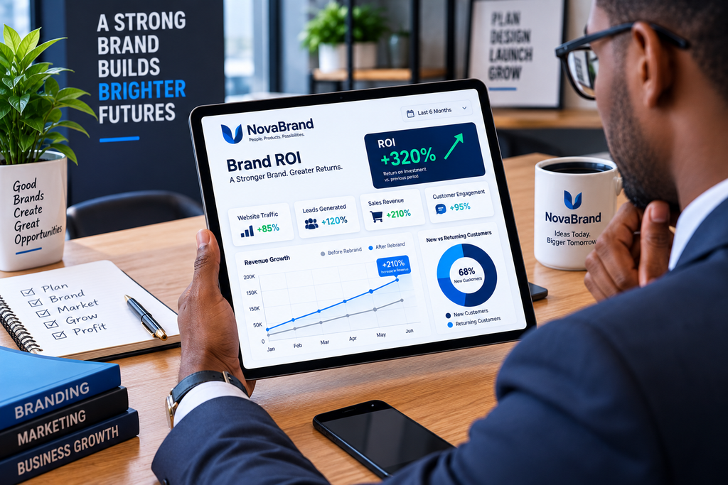 An entrepreneur analyzing the ROI of their new strong brand identity on a tablet.