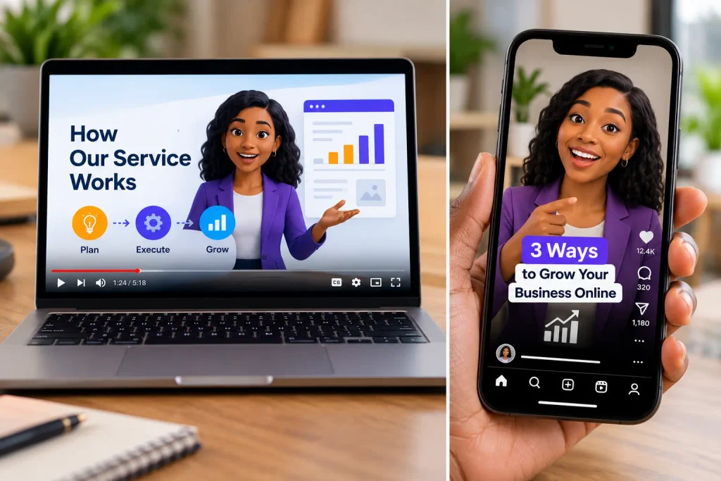 Different formats of corporate video marketing used across desktop and mobile devices.